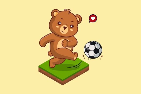 Cute Brown Teddy Bear Kick Soccer Ball Graphics