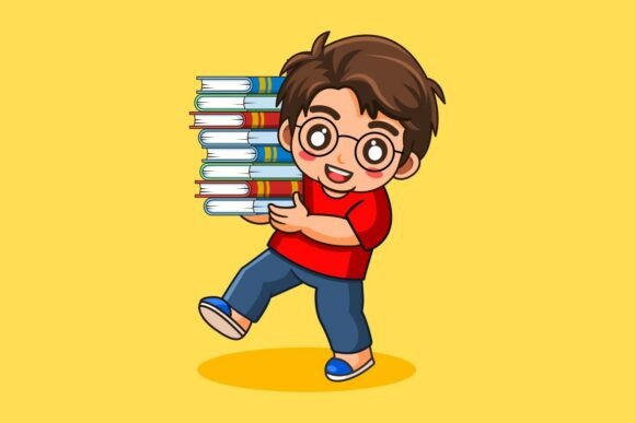 Happy Boy Book Stack Graphics & Illustrations