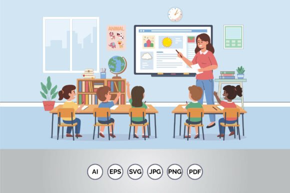 Teacher Teaching Children in Classroom Graphics & Illustrations