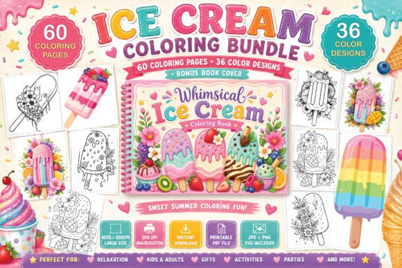 Whimsical Ice Cream Bundle: Graphics & Coloring Pages Amp
